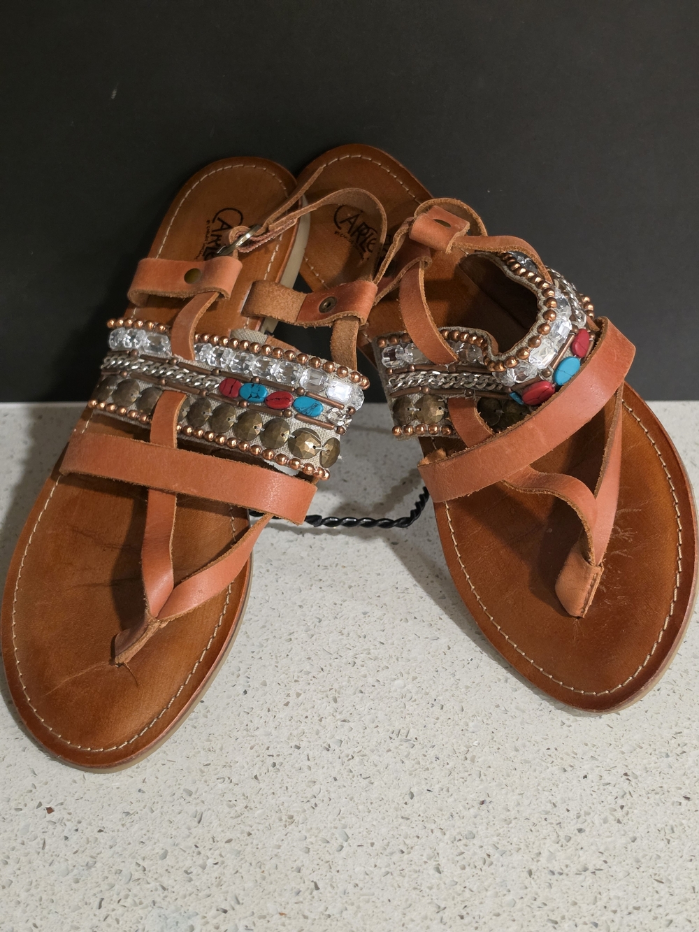 Carlos by Carlos Santana Tan Leather Sandals with Turquoise and Red Beads